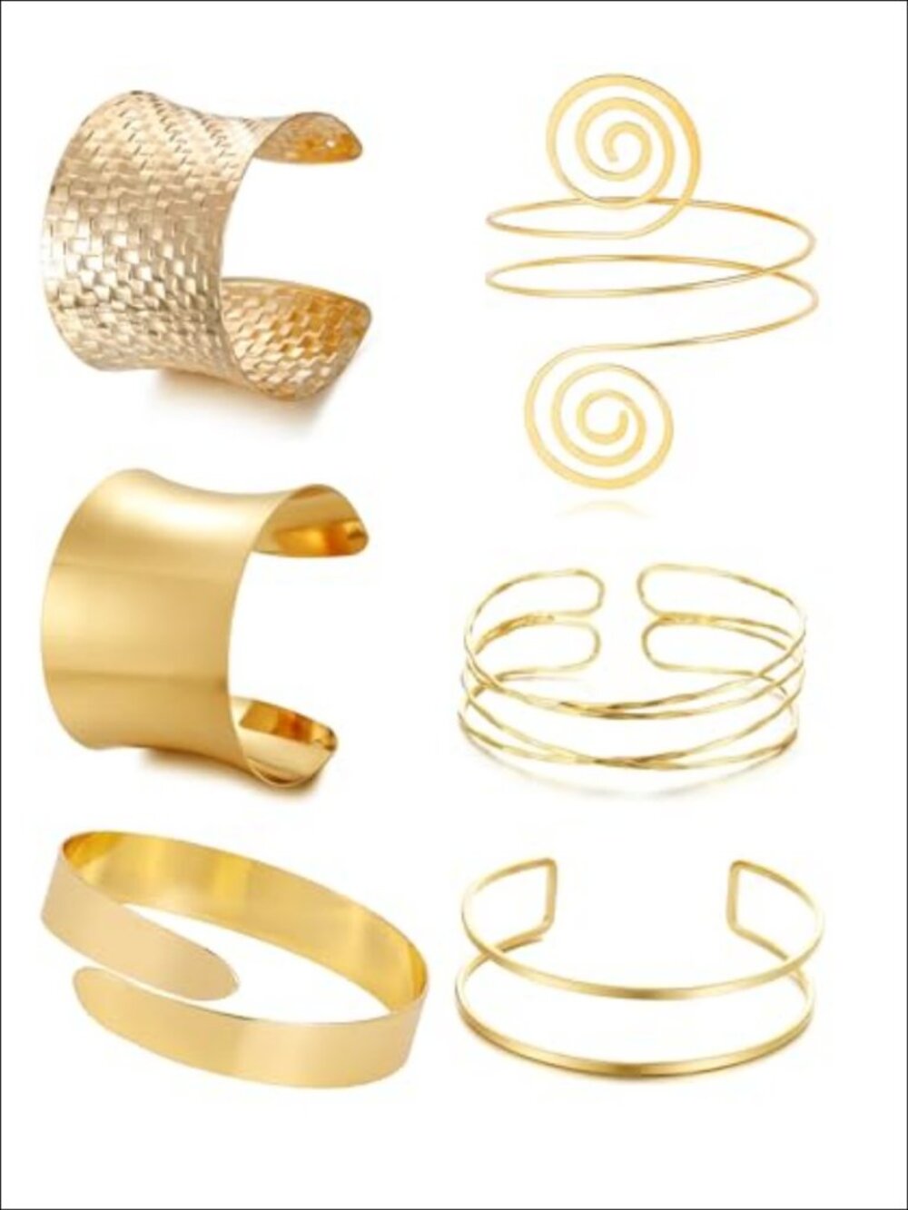 Gold Plated Metal Arm Cuff Bracelet Set Open Design Adjustable 6 Pieces